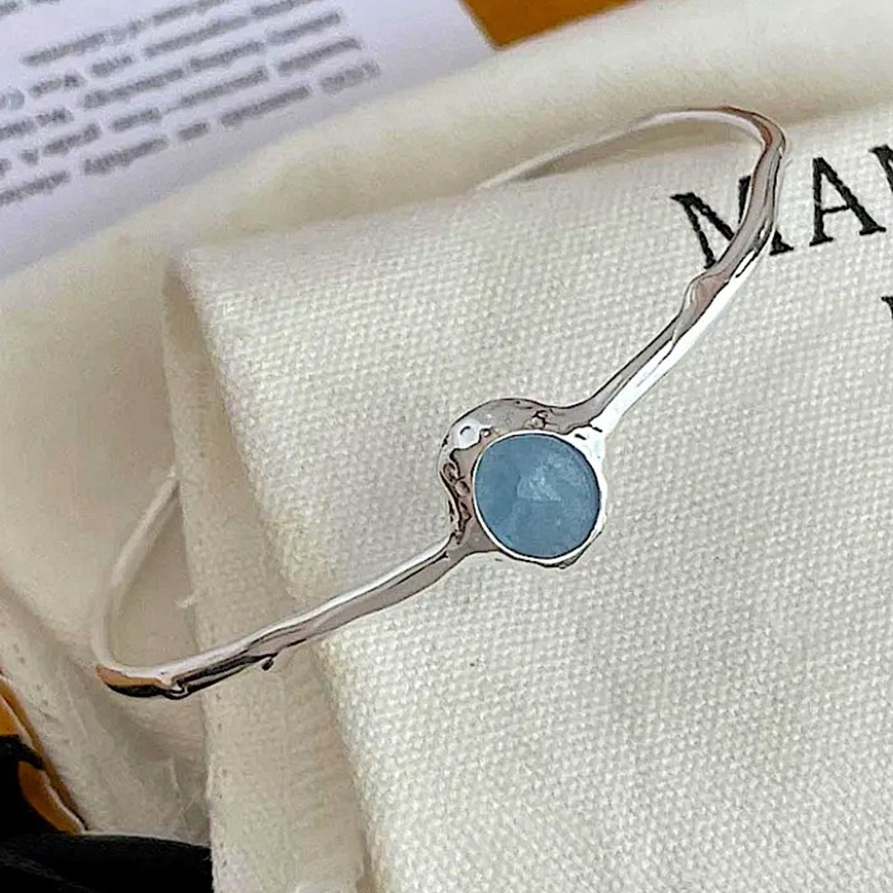 Sterling Silver Aquamarine Bangle Bracelet, Cuff, Blue Topaz, Minimalist - Picture 7 of 7